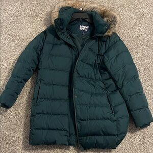 Lands' End Dark Green Puffer Jacket with Faux Fur Trim